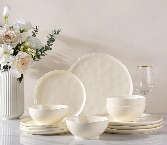 GBHOME Ceramic Dinnerware Sets for 4 12 Pieces Porcelain Lightweight Plates and Bowls Sets Scratch Resistant Dish Set Oven & Microwave & Dishwasher Safe Beige