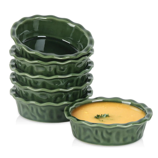 vicrays Ceramic Pie Pan for Baking - 5.5 inch Small Pie Plates Deep Dish Round Pot Casserole Mini Serving Bowl Microwave Oven Safe for Dessert Apple Pie Cake Tart Pizza Set of 6 - Green