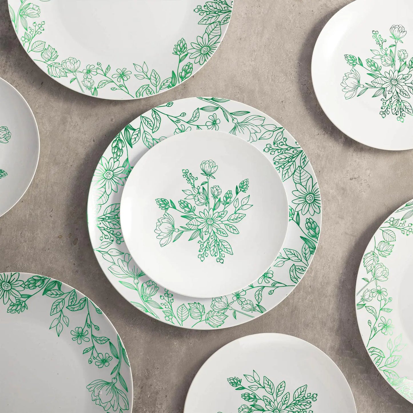 Fabulous Party 50PCS Plastic PlatesFancy Disposable Plates Include 25 X 7.5inch Dessert Plates and 25 X 10 Inch Dinner PlatesGreen Floral Plastic Plates for PartyWeddingEaster