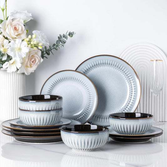 LERATIO Ceramic Dinnerware SetsHandcraft Embossed Stoneware Plates and Bowls SetsHighly Chip and Crack Resistant | Dishwasher & Microwave & Oven Safe Dishes setService for 4 (12pc)-Gray White