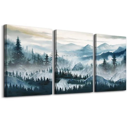 MHARTK66 Canvas Wall Art For Living Room Framed Wall Decor For Bedroom Office Decoration Fog Mountain Forest Posters Landscape Wall Painting Print Pictures Artworks Ready to Hang Home Decor 3 Piece